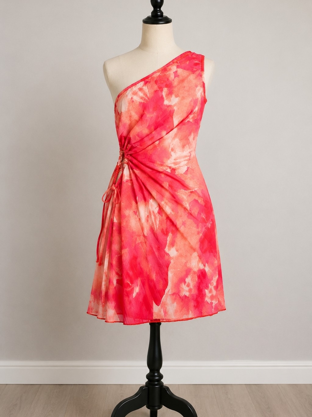 One-Shoulder Coral Pink Tie-Dye Side Tie Mini Dress